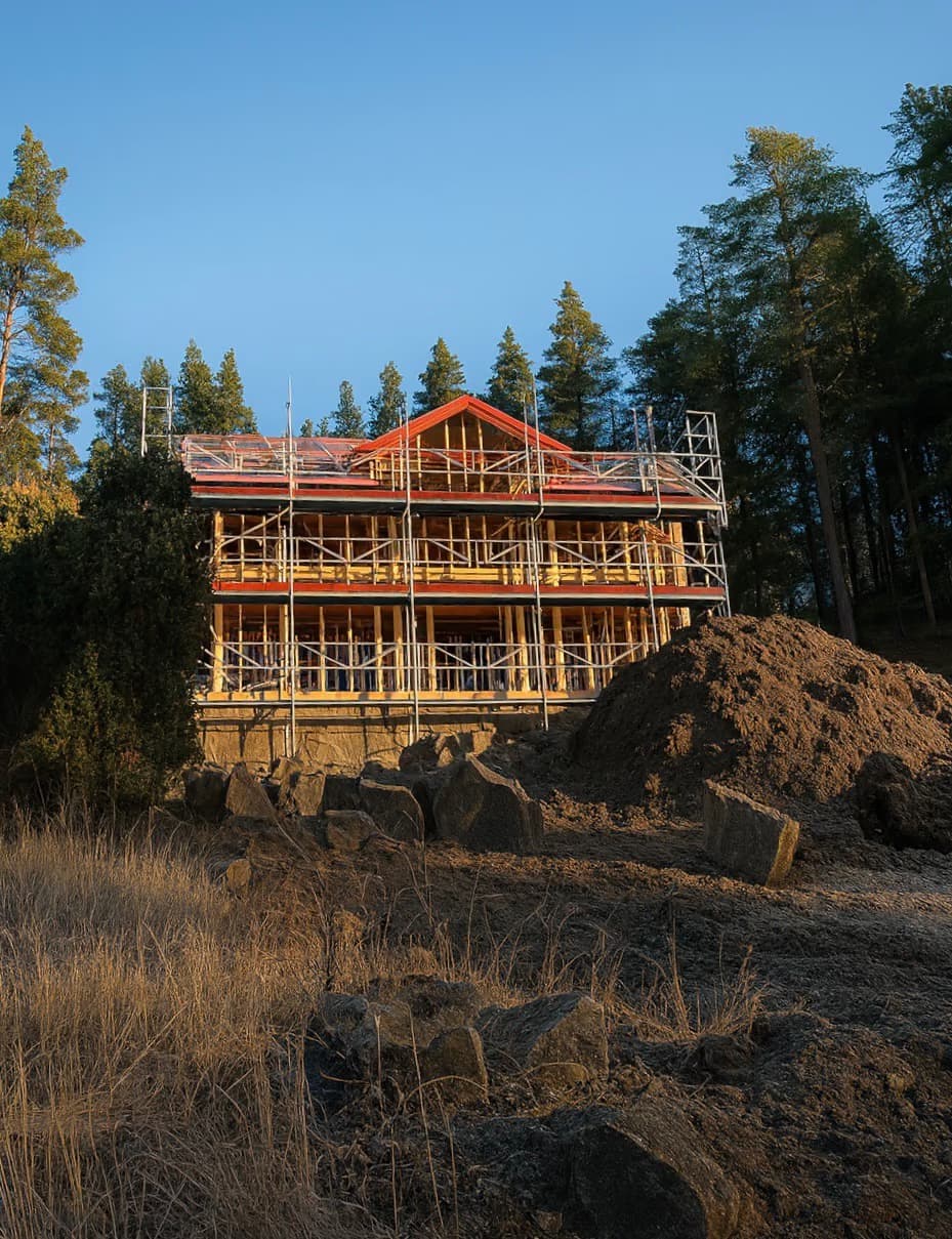 Trästomme under uppförande vid skogsbryn